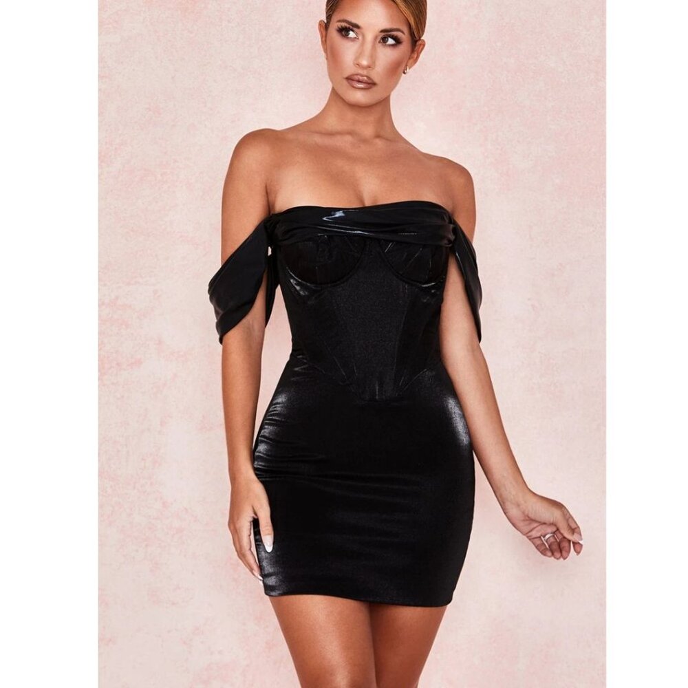 HOUSE OF CB Lucinda Black Off Shoulder Mini Dress SIze L NEW